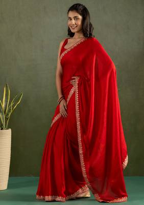 ready to wear red chiffon solid partywear saree 4