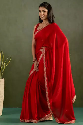 ready to wear red chiffon solid partywear saree