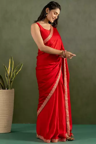 ready to wear red chiffon solid partywear saree