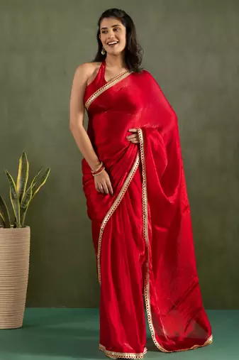 Red color chiffon fabric ready to wear designer solid partywear saree