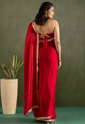 pre-stitched red chiffon solid partywear saree 2