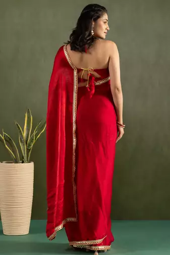 pre-stitched red chiffon solid partywear saree