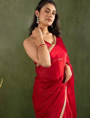 pre-stitched red chiffon solid partywear saree 3