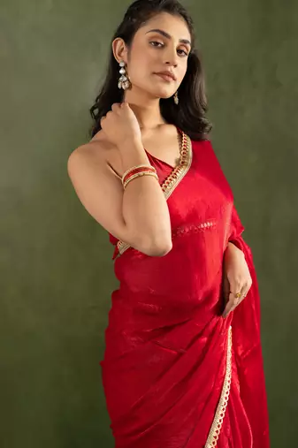 pre-stitched red chiffon solid partywear saree