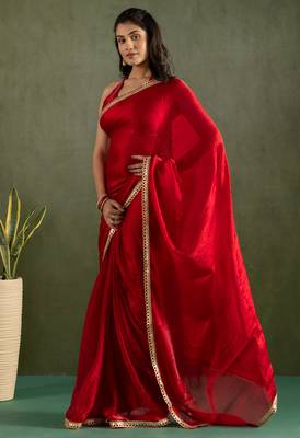 pre-stitched red chiffon solid partywear saree 4