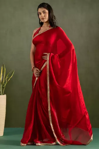 pre-stitched red chiffon solid partywear saree