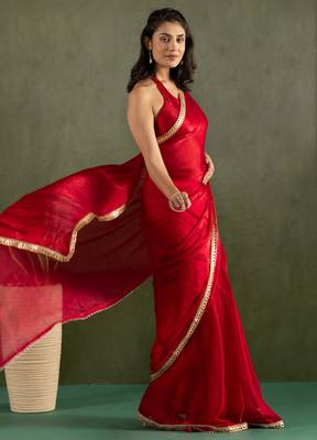 pre-stitched red chiffon solid partywear saree 5