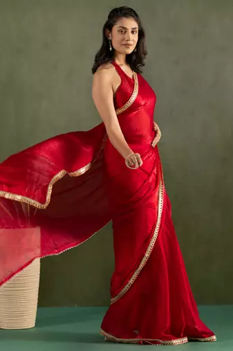 pre-stitched red chiffon solid partywear saree