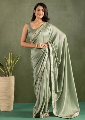 ready made pista chiffon solid partywear saree 1