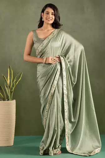 Pista color chiffon fabric ready to wear designer solid partywear saree