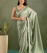 ready to wear pista color chiffon fabric solid partywear saree