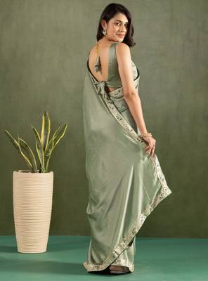 ready made pista chiffon solid partywear saree 2
