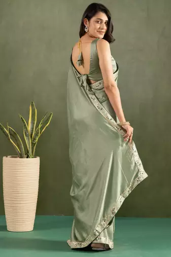 ready made pista chiffon solid partywear saree