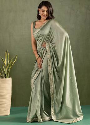 ready made pista chiffon solid partywear saree 4