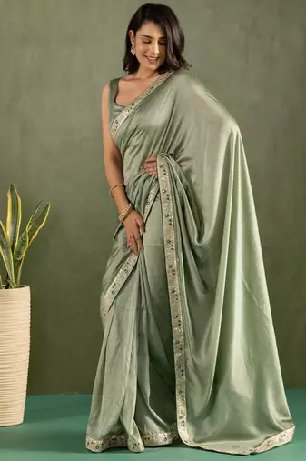 ready made pista chiffon solid partywear saree