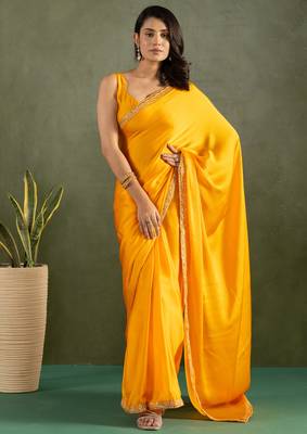 pre draped yellow chiffon solid partywear saree 1