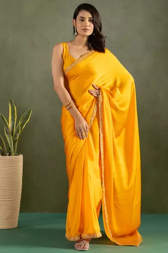 Yellow color chiffon fabric ready to wear designer solid partywear saree