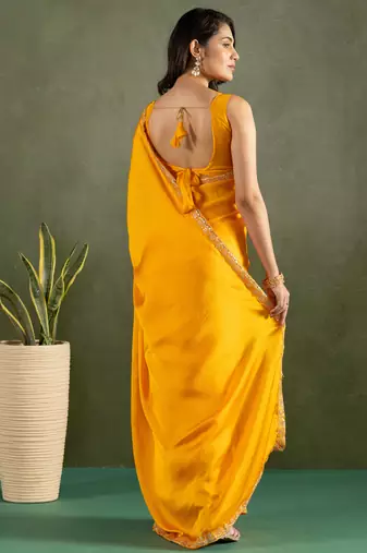 ready to wear yellow color chiffon fabric solid partywear saree