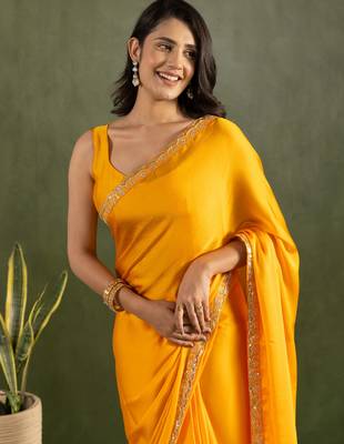 pre draped yellow chiffon solid partywear saree 3