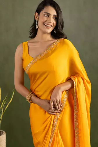 ready to wear yellow color chiffon fabric solid partywear saree