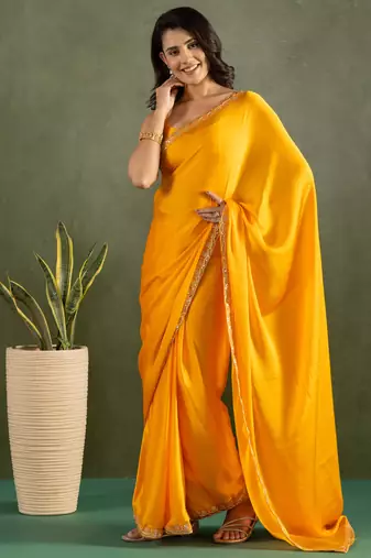 ready to wear yellow color chiffon fabric solid partywear saree