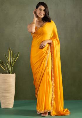 pre draped yellow chiffon solid partywear saree 5