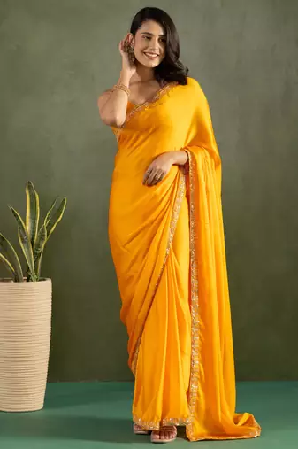 ready to wear yellow color chiffon fabric solid partywear saree