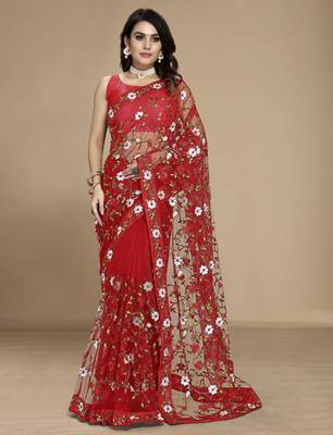 Red soft net multi thread embroidered saree 1