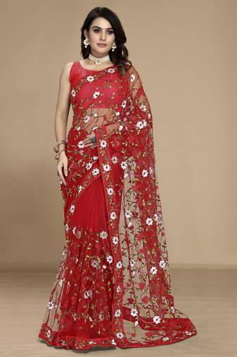 Red soft net multi thread embroidered saree