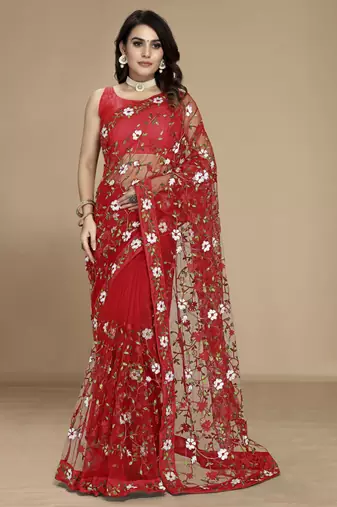 Red soft net multi thread embroidered saree