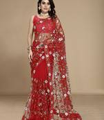 Red soft net multi thread embroidered saree