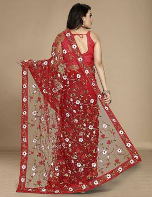 Red soft net multi thread embroidered saree 2