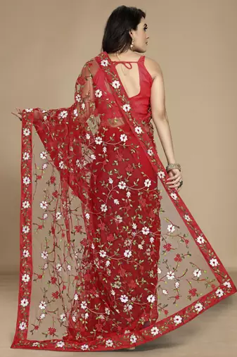 Red soft net multi thread embroidered saree
