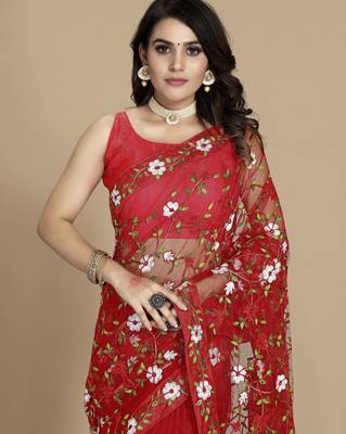 Red soft net multi thread embroidered saree 3