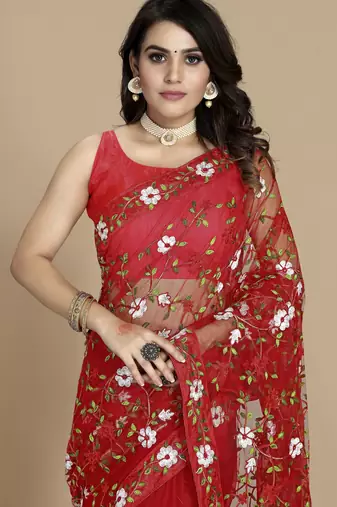 Red soft net multi thread embroidered saree