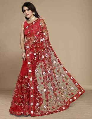 Red soft net multi thread embroidered saree 4