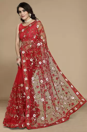 Red soft net multi thread embroidered saree