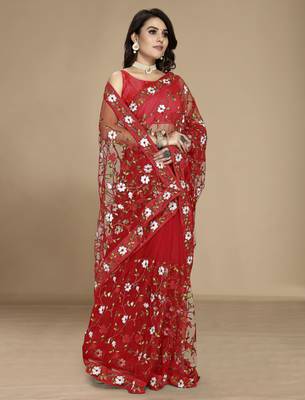 Red soft net multi thread embroidered saree 5