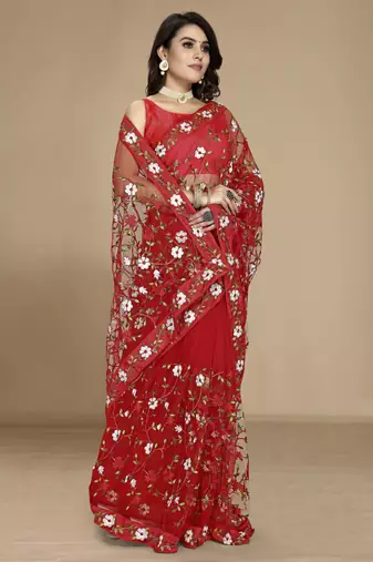 Red soft net multi thread embroidered saree