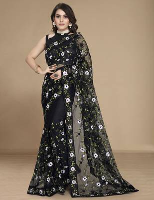 Black soft net multy thread embroidery work smart partywear saree 1