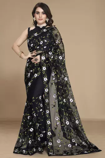 Black color soft net fabric designer multy thread embroidery work smart partywear saree