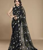 Black color soft net fabric designer multy thread embroidery work smart partywear saree
