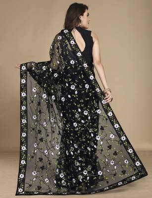 Black soft net multy thread embroidery work smart partywear saree 2