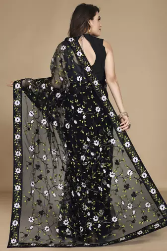 Black soft net multy thread embroidery work smart partywear saree