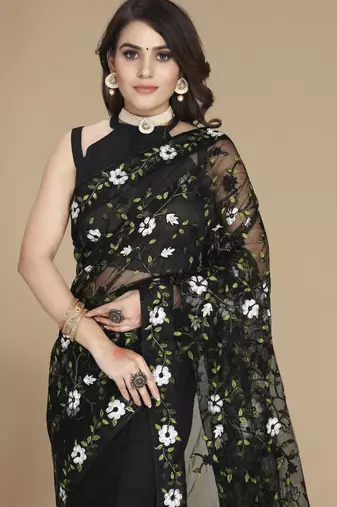 Black soft net multy thread embroidery work smart partywear saree