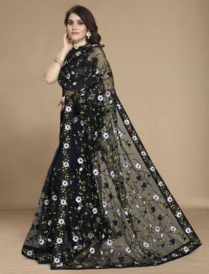 Black soft net multy thread embroidery work smart partywear saree 4
