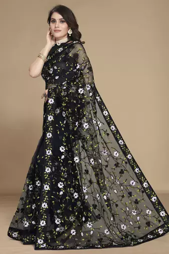 Black soft net multy thread embroidery work smart partywear saree