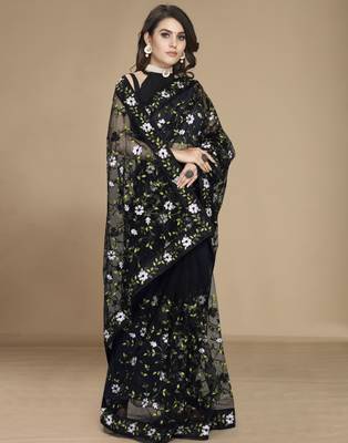 Black soft net multy thread embroidery work smart partywear saree 5