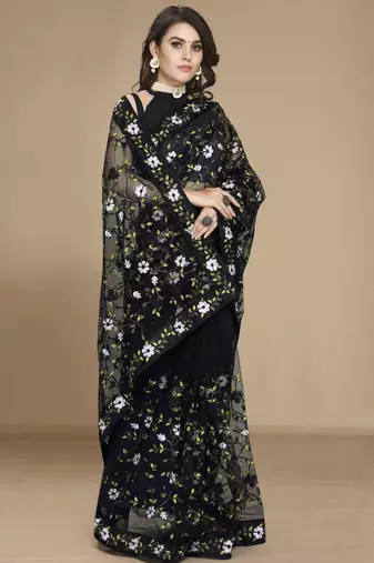 Black soft net multy thread embroidery work smart partywear saree