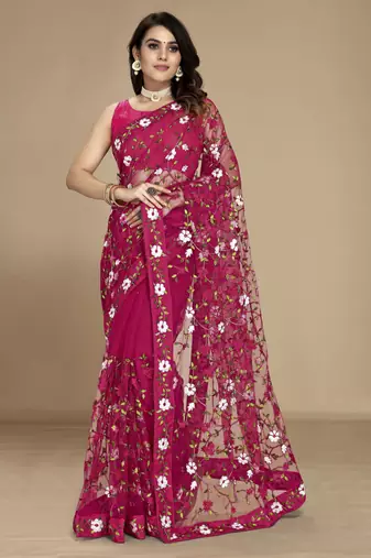 Dark pink color soft net fabric designer multy thread embroidery work smart partywear saree